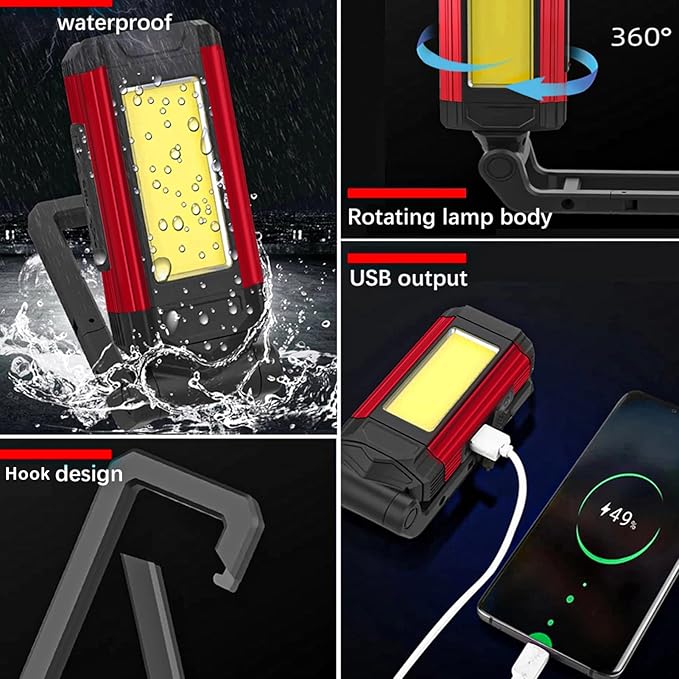 LED COB Rechargeable Flashlight Worklight,Trouble Lamp Gadget for Men Dad Birthday Gift Idea,Portable Torch Tool with Magnet Base 180° Rotate 7 Modes 2 Colors Light for Camping Mechanic BBQ