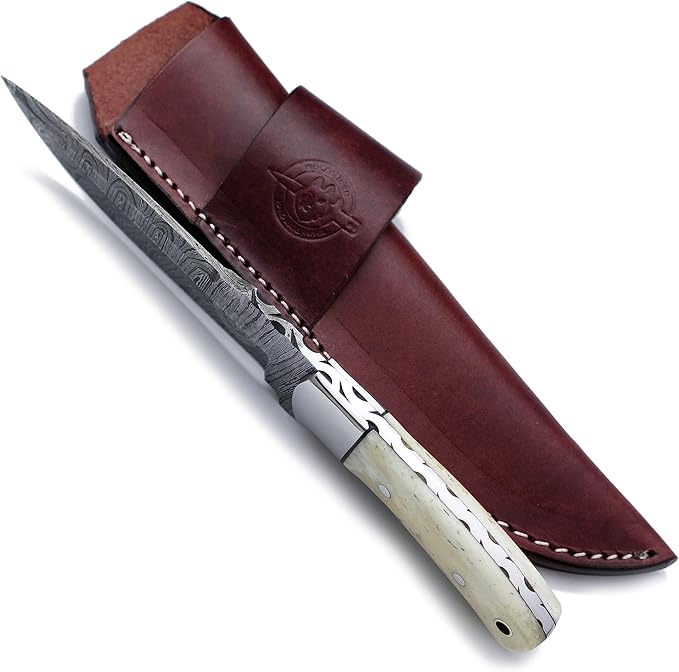 Handmade Damascus Steel Knife Bowie for Hunting,Survival,Camping,Bushcraft,Fixed Blade Dagger with Drop Point Full Tang Micarta Handle, Leather Sheath - WKD-781