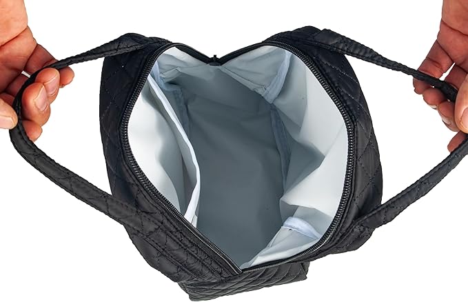 Machine Washable Women Quilted Fabric Insulated Reusable Cooler Lunch Bag Tote Adult Thermal Lunch Box Storage Bag for Work (Black)