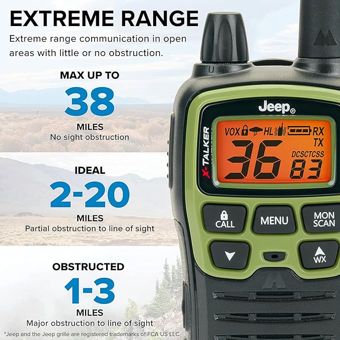 Midland - T77VP5J FRS Jeep® X-TALKER Extreme Dual Pack - 22 Channels, 121 Privacy Codes, Water Resistant - Clear Communication with Weather Alert - Jeep® Branded Carrying Case & Headset Included