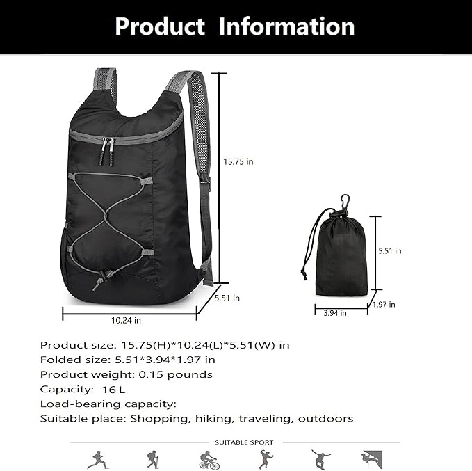 16L Hiking-Daypack Lightweight-Foldable Travel-Backpack Water-Resistant Camping Outdoor Packable Easy Carry-on Bag (Black&Gray)