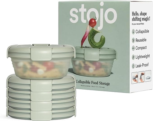 STOJO Collapsible Bowl 5 Set - Translucent Sage, 36oz - Reusable Silicone Bowl for Hot and Cold Food - Perfect for Travel, Meal Prep, To-Go Lunch, Camping & Hiking - Microwave & Dishwasher Safe