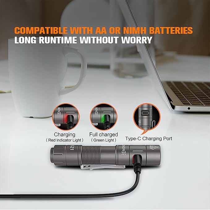 S21 AA Rechargeable Mini Flashlight, 880 High Lumen LED Flashlight, Magnetic Tail Switch EDC Pocket Flashlight, Suitable for Hiking, Camping, Outdoor and Emergency Situations(Gray)