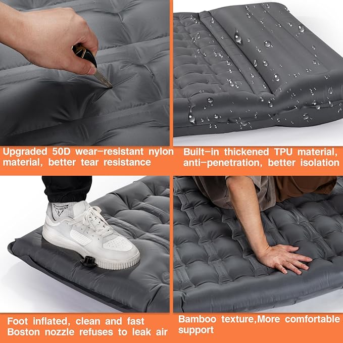 Double Sleeping Pad Camping, Self Inflating 4'' Extra-Thick 2 Person Pillow Built-in Foot Pump Waterproof Inflatable Sleeping Mat Backpacking, Tent, Hiking, Portable Camping Pad (Grey-Double)