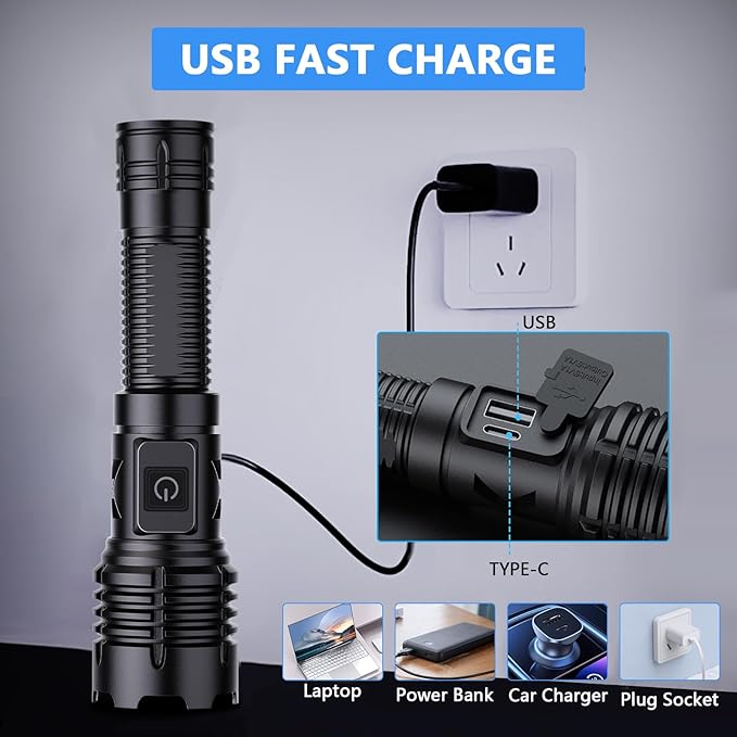 Flashlights High Lumens Rechargeable - 990000 Lumen Led Rechargeable Flashlight with 5 Modes Super Bright Flash Lights USB Powerful Torch Light Waterproof for Home Camping Outdoor
