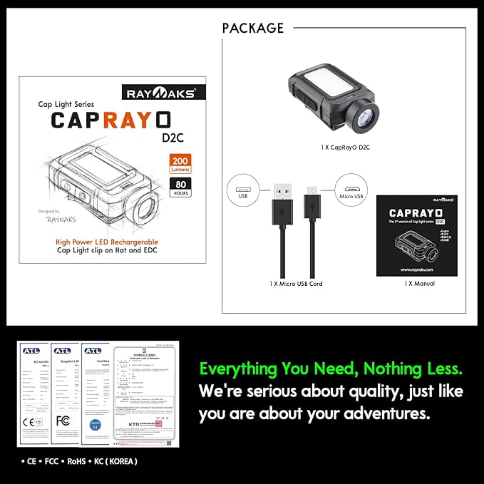 Ultra Bright 200 Lumen LED Caplight, Lightweight Cap Light, Clip on Hat Light, Rechargeable Micro USB, Waterproof, Durable, Best for Camping, Hiking, Running, Fishing CapRayO D2C