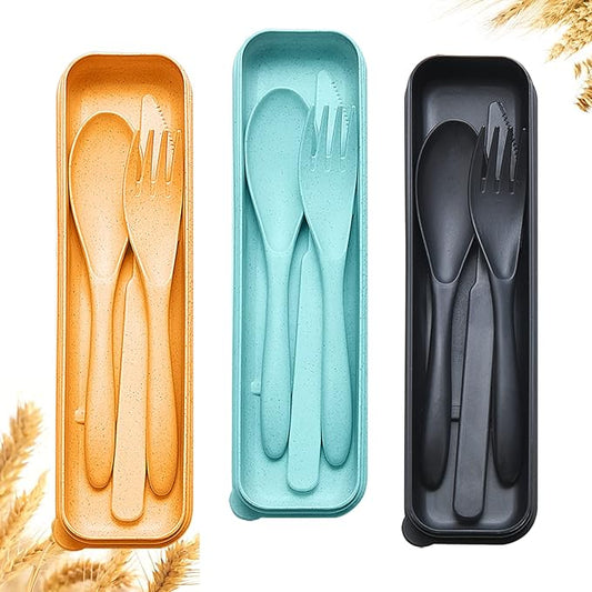 Reusable Travel Utensils Set with Case, 3 Sets Wheat Straw Portable Plastic Fork Spoons Knife Camping Cutlery, Eco-Friendly BPA Free Lunch Tableware for Kids Adults Travel Picnic Utensils