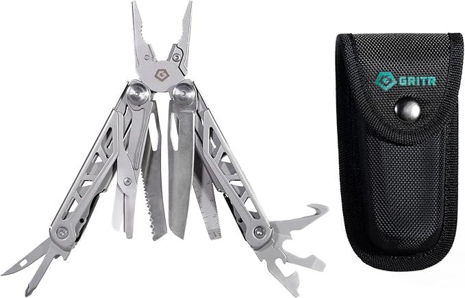 GRITR 13-in-1 Stainless Steel EDC Multitool w/Nylon Sheath - Outdoor Tool w/Needle Nose Pliers, Pocket Knife, Scissors, Bottle Opener, Cutters - Camping Hunting Survival Emergency Gear