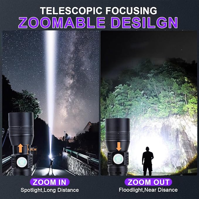 Rechargeable Flashlights, 2 PCS 3 in 1 Super Bright Black Light Flashlights 2000 Lumens, 7 Modes, Zoomable, Waterproof Flash Light Recharchable for Camping, Emergency, Pet Clothing Detection with bag