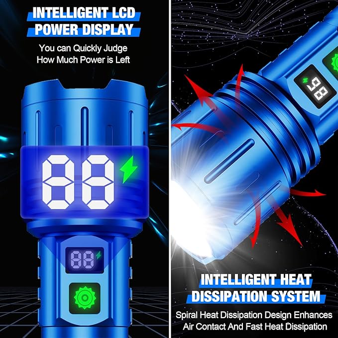 Flashlights High Lumens Rechargeable, 100000 Lumens Super Bright LED Powerful Flashlight, Type-C, 5 Modes, Zoomable, IPX5 Waterproof High Powered Tactical Flash Light for Emergency Camping,Blue
