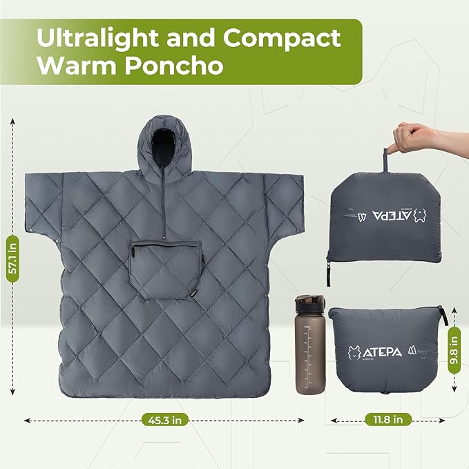 ATEPA Blanket Poncho Hooded Ultralight Water-Resisitant Warm Wearable Blanket Sleeping Bag Coat Cloak Camping Blanket