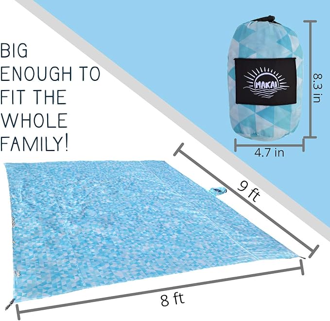 Makai – Lightweight Sheet Style Beach Blanket, Sand Dosen't Stick, Extra Large 8’ x 9’, Compact Strong Parachute Nylon Beach Mat, Stays Cool, Quick Drying, Multifunctional