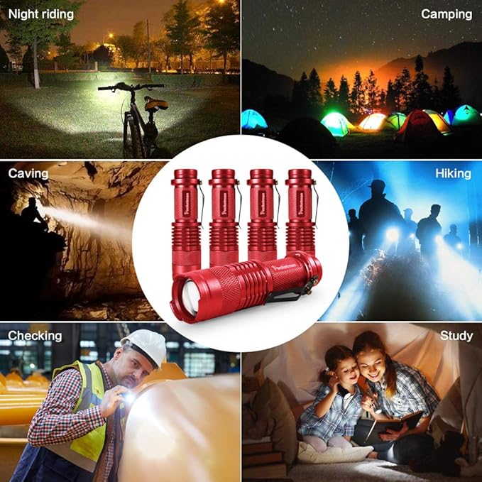 5 Pack LED Mini Flashlights 7W 300LM SK-68 3 Modes Q5 LED Tactical Flashlight for Camping Hiking Emergency (Red)
