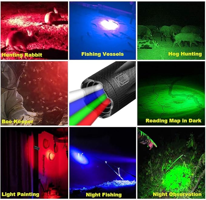 4 Colored Flashlight with RGB Lights, Rechargeable Battery, Charger, Bracelet, High Lumen Zoomable Emergency Torch Multipurpose for Kids Camping Hunting Fishing Hiking Gear