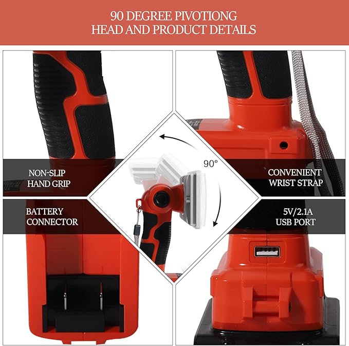 YEX-BUR for Black and Decker 20v Light, LED Work Light for Black and Decker 20V, 18W 2000LM Portable Spotlight Floodlights with USB-A Port for Camping Car Repairing Garage