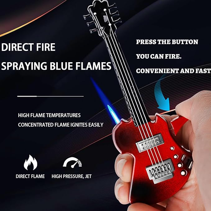 Fancy Fun Guitar Lighter Refillable Metal Vintage Keychain Lighter Unique Novelty Cool lighters for Men Fireplace Candle Camping BBQ(No Butane Fuel) (#2)