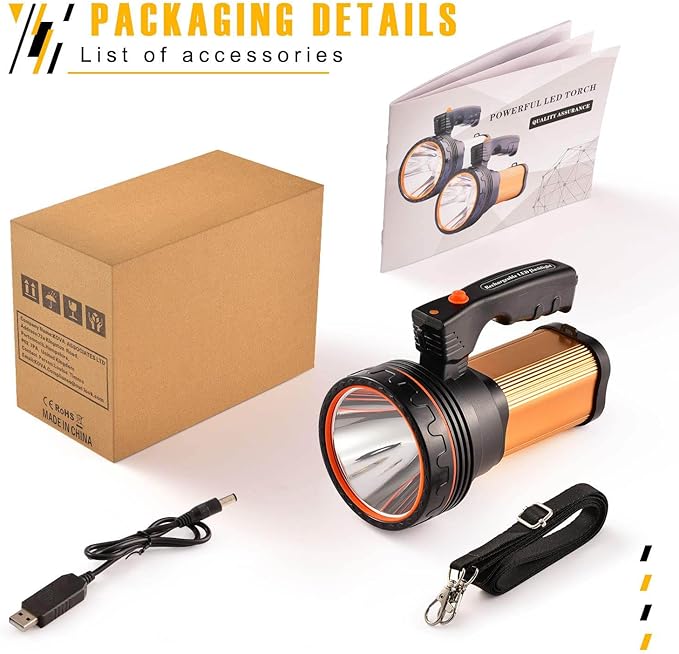 Flashlights High Lumens Rechargeable, 1000,000LM LED Rechargeable Flashlights, IP68 Waterproof Linterna Recargable, 10000mAh Long Lasting Flashlights for Home, Camping, Boat, Farm Use.(Gold)