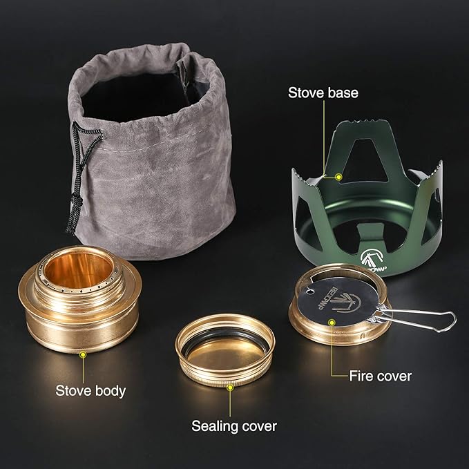 REDCAMP Mini Alcohol Stove for Backpacking, Lightweight Brass Spirit Burner with Aluminium Stand for Camping Hiking, Green