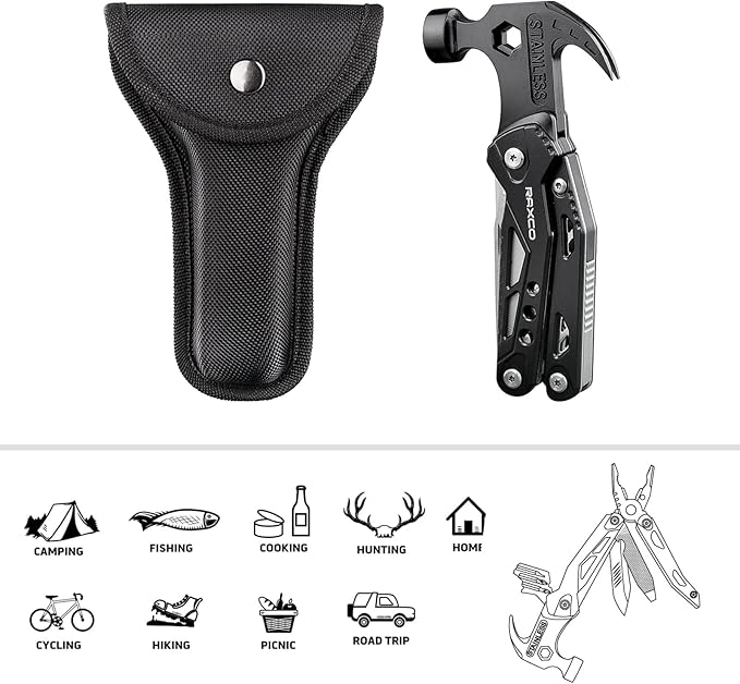 Multitool Hammer 15 in 1 Mini Hammer multitool with Pliers Claw Hammer Multi Tool with Screwdrivers, Multitool Pocket Clip, New Year & Birthday & Father Day Gift (Black)