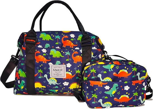 Travel Duffle Bag Weekender Overnight Bag Gym Tote with Wet Pocket for Women Girls Workout Duffel Bag Water Resistant (W-Cute Dinosaurs+Toiletry Bag)