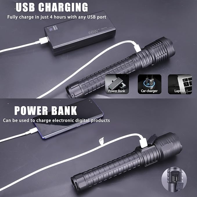 Rechargeable LED Flashlights 10000 High Lumens Flashlight Zoomable Tactical Flashlight 5 Modes Super Bright Waterproof Flashlights for Camping Hiking Emergencies 9.25 * 1.85in(Battery Free)