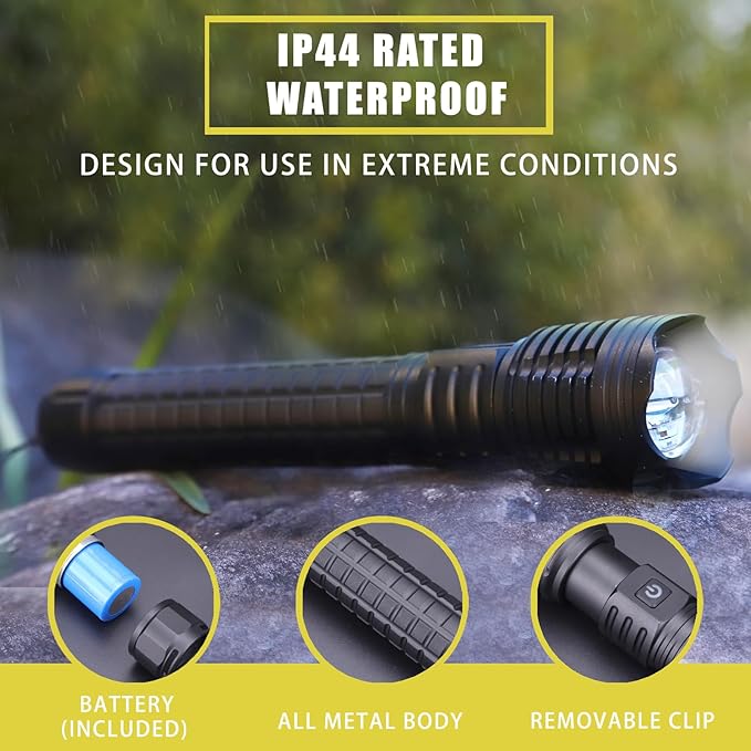 Rechargeable LED Flashlights 10000 High Lumens Flashlight Zoomable Tactical Flashlight 5 Modes Super Bright Waterproof Flashlights for Camping Hiking Emergencies 9.25 * 1.85in(Battery Free)
