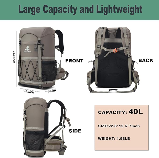 Bseash 40L Waterproof Hiking Backpack with Rain Cover, Outdoor Sport Travel Bag Daypack for Camping Climbing Skiing Cycling (Khaki)