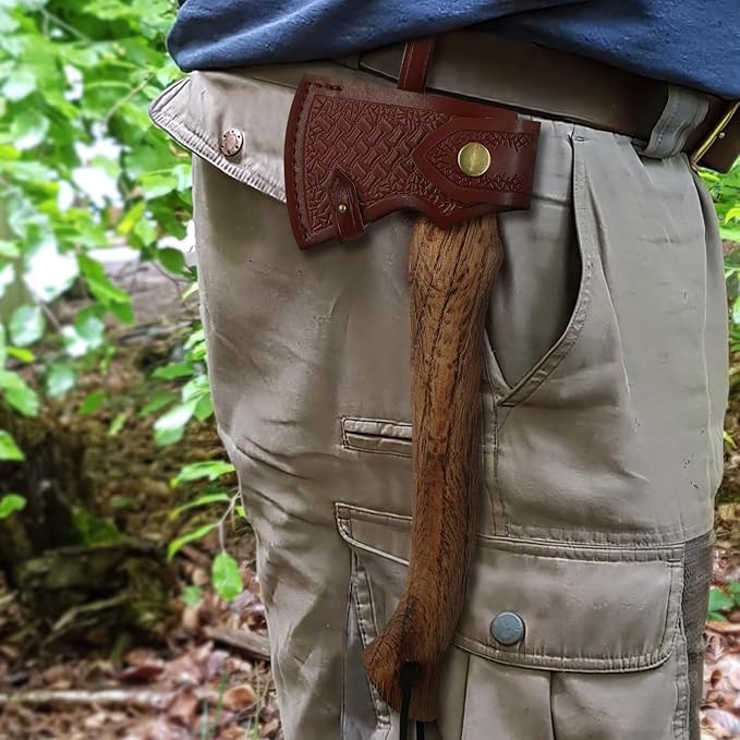 11.7" Hatchet Axe, Camping Axes & Hatchets, Lightweight and Compact Hatchet with Wood Handle, Small Hatchet Axe with Retro Leather Sheath, Bushcraft Axe for Chopping and Kindling, Ideal Gifts
