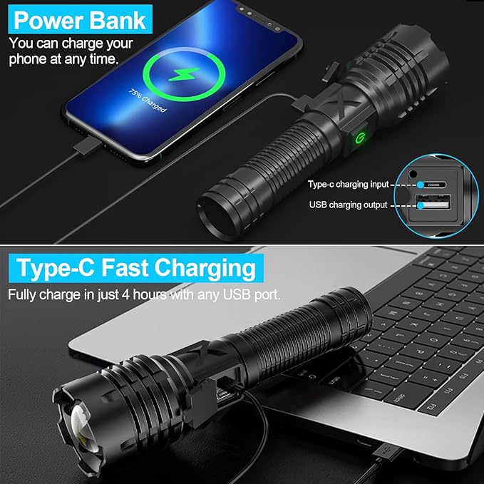 Flashlights High Lumens Rechargeable (Battery Included), 100000 Lumens XHP70.2 Super Bright LED Flashlight with Holster, Type-C, 5 Modes, Zoomable, IPX6 Waterproof Flashlights for Emergency Camping