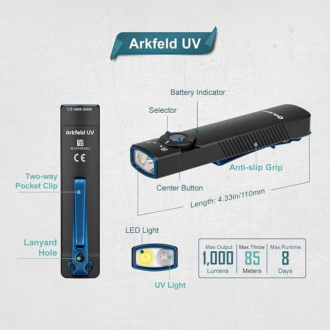 OLIGHT Arkfeld UV 365nm Black Light Flashlight, 1000 Lumens, Rechargeable, Portable, Battery Powered, Detection of Pet Urine, Stains, Fluorescent Agents, Banknotes