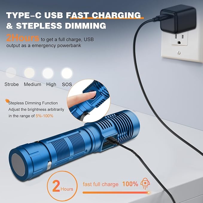 Small Tactical Flashlights 20000 High Lumens - 1500 Meters Long Beam Super Bright LED Magnetic Flashlight USB Rechargeable Zoomable 5Modes Long Beam Spotlight Flashlight for Hiking, Camping-Blue