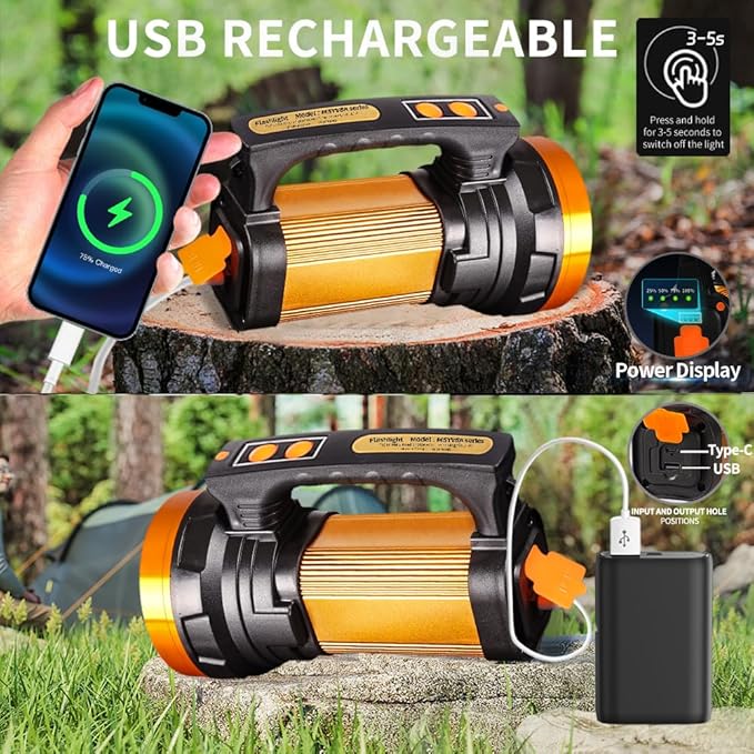 1000,000LM Spotlight 13600mAh Spotlight Flashlight 80H Long Lasting IP67 Waterproof Rechargeable Spotlight 3Modes Spot Light for Outdoor Indoor Camping Home Emergency