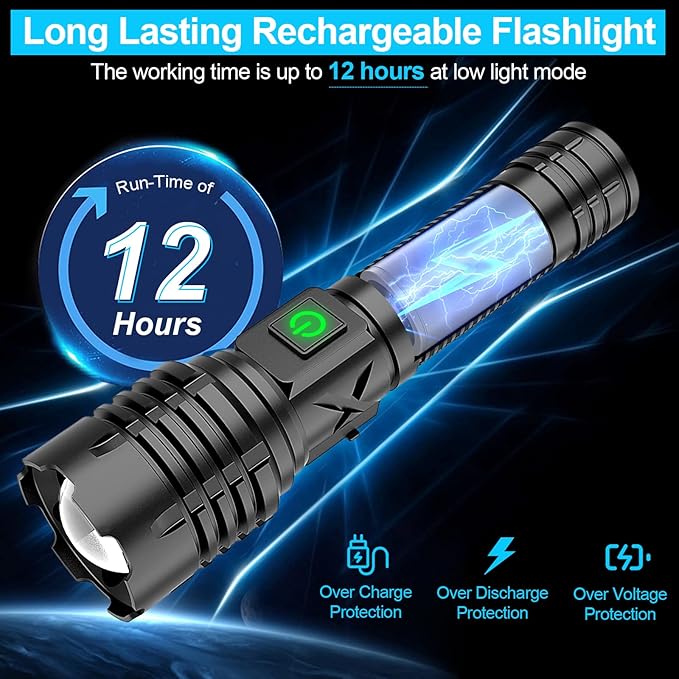 Flashlights High Lumens Rechargeable (Battery Included), 100000 Lumens XHP70.2 Super Bright LED Flashlight with Holster, Type-C, 5 Modes, Zoomable, IPX6 Waterproof Flashlights for Emergency Camping