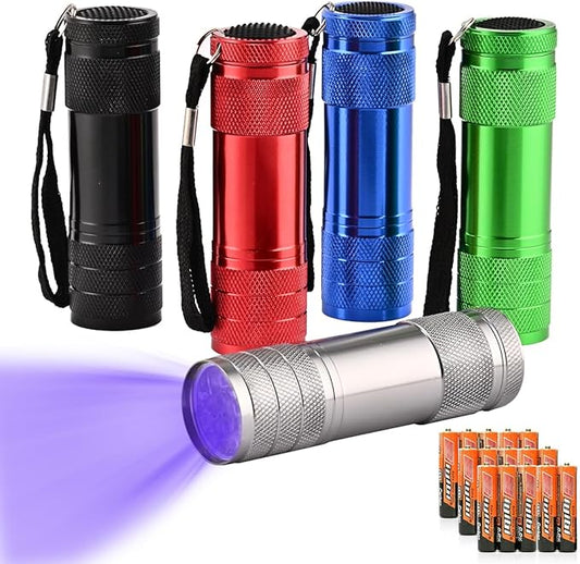 5 Pcs UV Black Light Flashlights Bulk, 9 Led 395-400nm Mini Blacklight Handheld Portable Torch Pet Urine Detector for Bed Bug, Hair, Dog Cat Urine and Stains Batteries Included