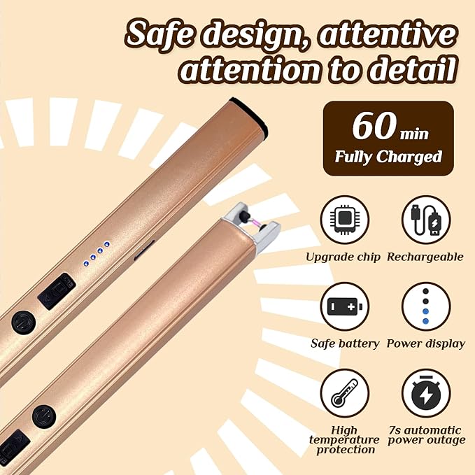 2 PCS Candle Lighter,Windproof Flameless Electric Lighter with LED Power Display & Safety Switch, Upgraded Plasma USB Rechargeable Lighter for Birthday Camping BBQ (Champagne Gold)