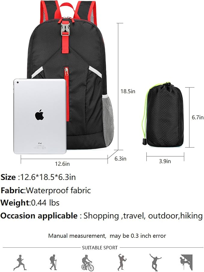 25L Hiking-Backpack Foldable-Sports Daypack-Camping Collapsible Bag Water Resistant Lightweight Travel Men Women (Black)