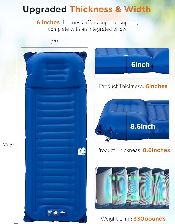 Sleeping Pad for Camping 6 Inches Thick Self Inflatable Ultra Lightweight Sleep Mat with Built-in Pillow & Pump Compact for Backpacking Hiking Tent Travel w/Carrying Bag 77.5''LX27''W, Blue