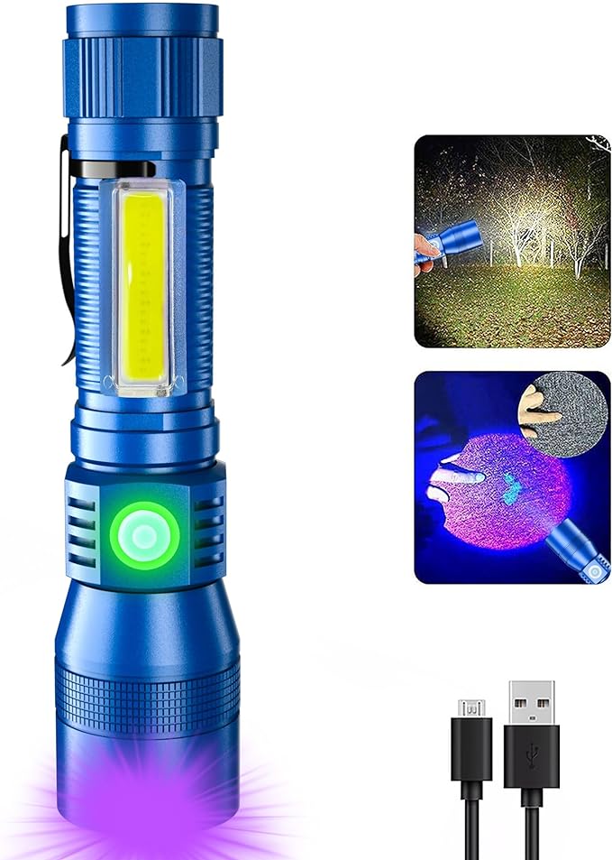 Black Light Flashlight, 3 in-1 Rechargeable Flashlights, UV Light Magnetic LED Flashlight High Lumens, 7 Mode Camping Waterproof Flashlight for Pet Urine Detection (1pack Blue)