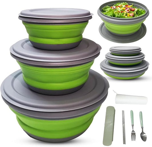 RMAMSCOV Camping Bowl, 3 PCS Food Grade Silicone Collapsible Bowl Lunch Box Salad Bowl with Lid, Expandable Food Storage Containers Set with Free folding tableware and storage bag (Green)