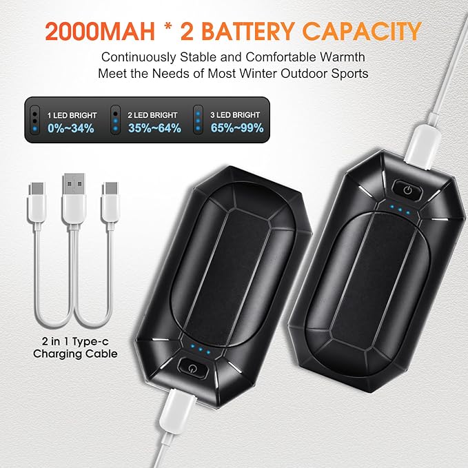 2 Pcs Mini Hand Warmer Rechargeable, 2000mAh*2 Portable Hand Warmer Reusable, 3 Levels Temperature Adjustable 2 in 1 Hand Warmer, Outdoor Indoor Warm Gift for Men Women Children