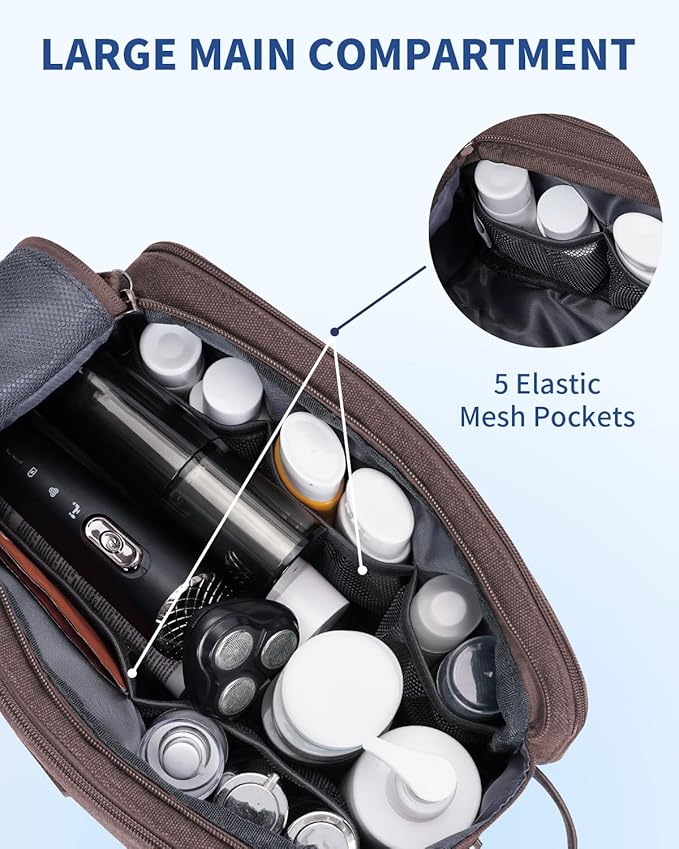WANDF Toiletry Bag for Men Travel Toiletry Organizer Canvas and Leather Dopp Kit Water-Resistant Shaving Bag for Travel Accessories (Brown, Patent Pending)