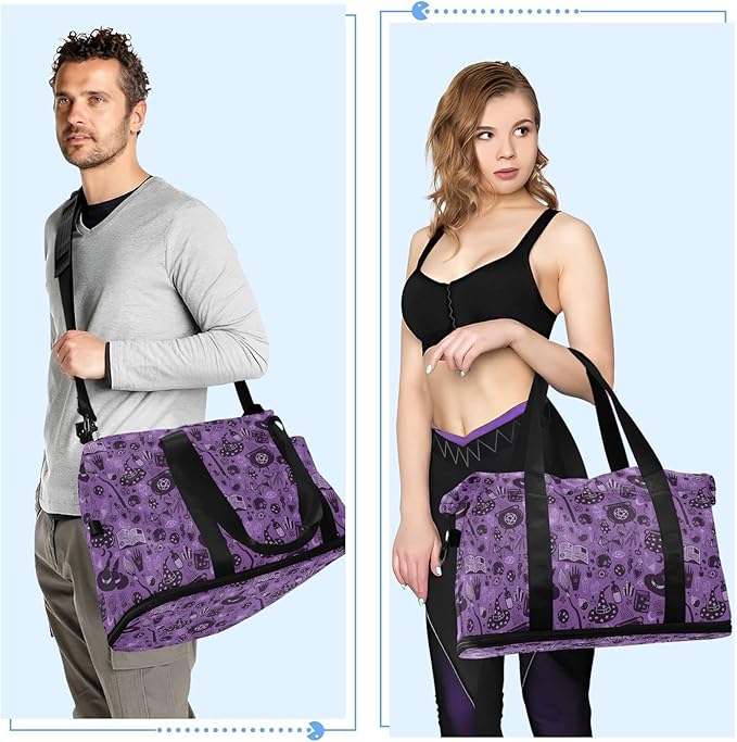 Halloween Witch Sports Gym Bag with Waterproof Dry Wet Pocket, Travel Duffel Bag for Women Men,Workout Bag Fits Yoga, Swimming