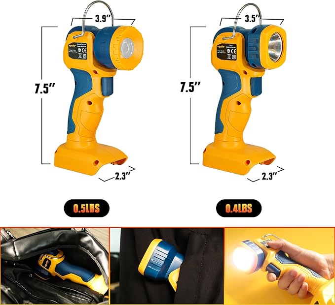 Mellif LED Work Light, Portable Flashlight for Dewalt 20V Max Battery (NOT Included), 90 Degree Pivoting Head, 110/280 Lumens of Brightness, Cordless, Zoomable, Jobsite (Yellow & Blue, L-Shape)