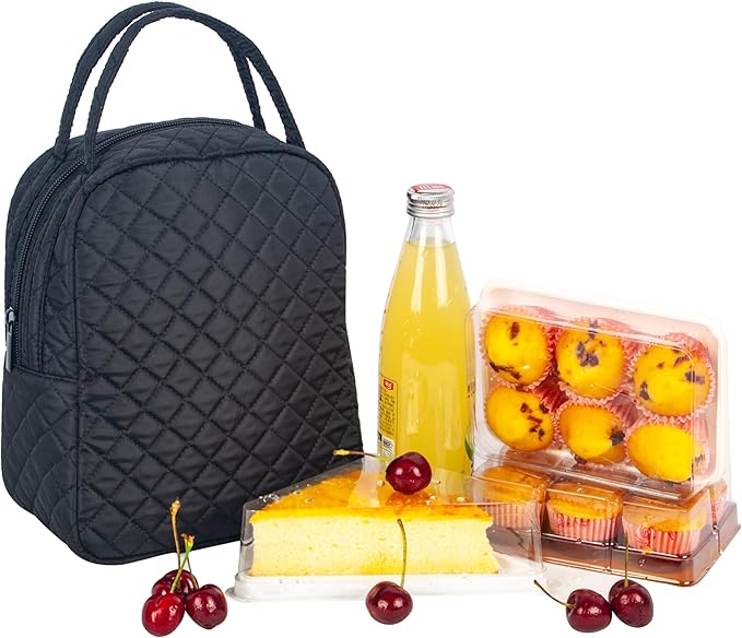 Machine Washable Women Quilted Fabric Insulated Reusable Cooler Lunch Bag Tote Adult Thermal Lunch Box Storage Bag for Work (Black)