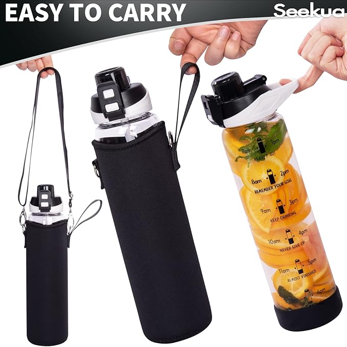 32 oz Sports Glass Water Bottle with Straw and Time Marker, Large Resuable Motivational Glass Drinking Bottle for Infused Water, Fruit, Smoothie, Coffee