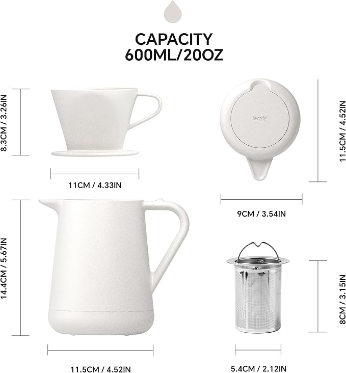 Ideus Insulated Pour Over Coffee Maker Set 20oz, Stainless Steel Coffee Pot Pour Over Set Camp Coffee Carafe BPA-Free with Dripper and Tea Infuser for Home, Office & Camping (White)