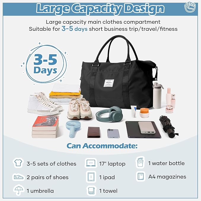 Small Black Gym Bag for Women, Stylish Duffle Travel Bag for Plane, Lightweight Duffle Bag for Women & Men, Sport Gym Tote Bag with Wet Pocket for Yoga, Pilates, Swimming