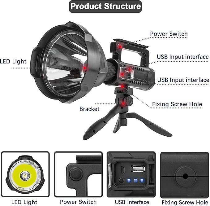 Rechargeable Spotlight Flashlight High Lumens, 900000 Lumens Super Bright Led Searchlight with Tripod and USB Output, IPX5 Waterproof 4 Modes Handheld Spotlight for Camping Emergencies