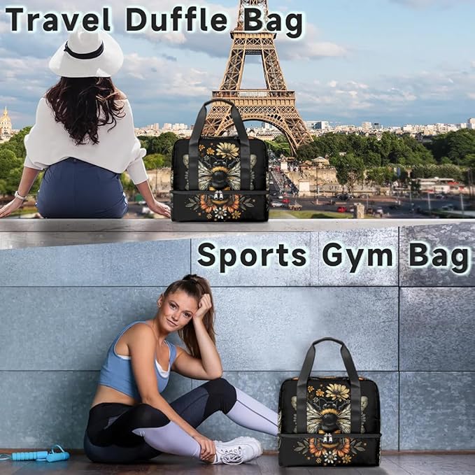 Sports Gym Bag Retro Bee Flower Travel Duffel Bag Waterproof Lightweight Swim Bag Travel Tote Luggage Weekender Overnight Handbag Workout Bag with Shoes Compartment for Women Men