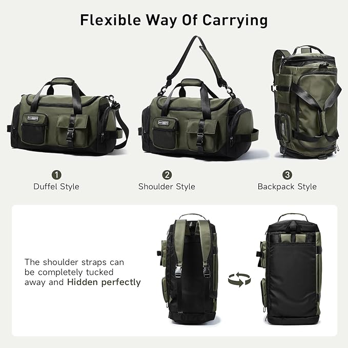 Duffel Backpack 22.5L With Shoe Compartment Waterproof Olive Green Gym Bag Travel Duffle Backpacks Weekend Shoulder Carry On Bag (3 In 1)